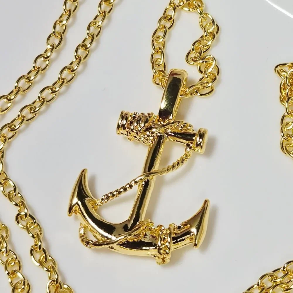Gold Maritime Anchor Pendant Necklace | Nautical Rope Design Navy Inspo Jewelry